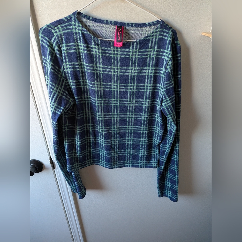 NWOT La SENZA Navy and Mint Green Plaid Long Sleeve Top